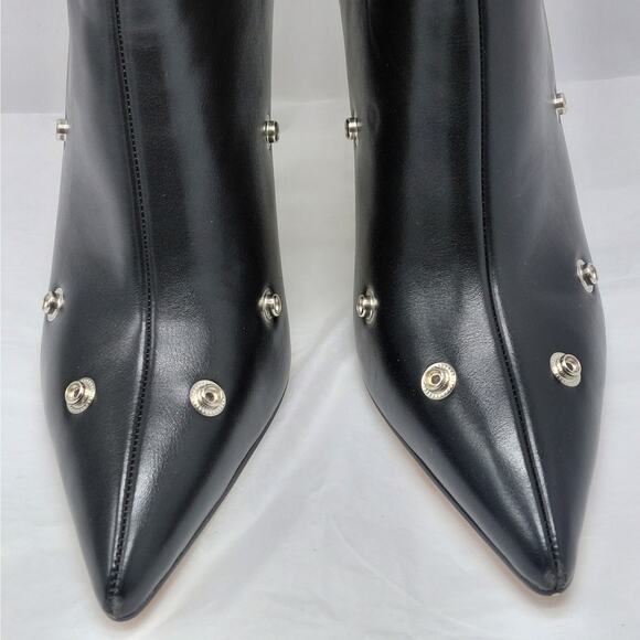 Black Studded Knee High Pointed Toe Stiletto Heel Boots Womens 7.5 Edgy Chic - Picture 9 of 9